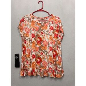e. Luna‎ Floral Ruffle Hem Top Women's Large Orange Brown Short Sleeve
